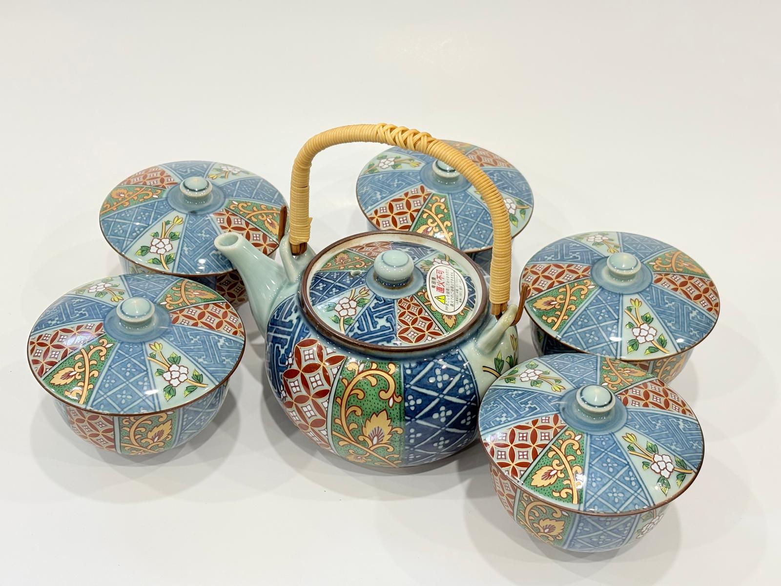 Procelain Japanese Pot Set Sky Blue Handmade Pattern